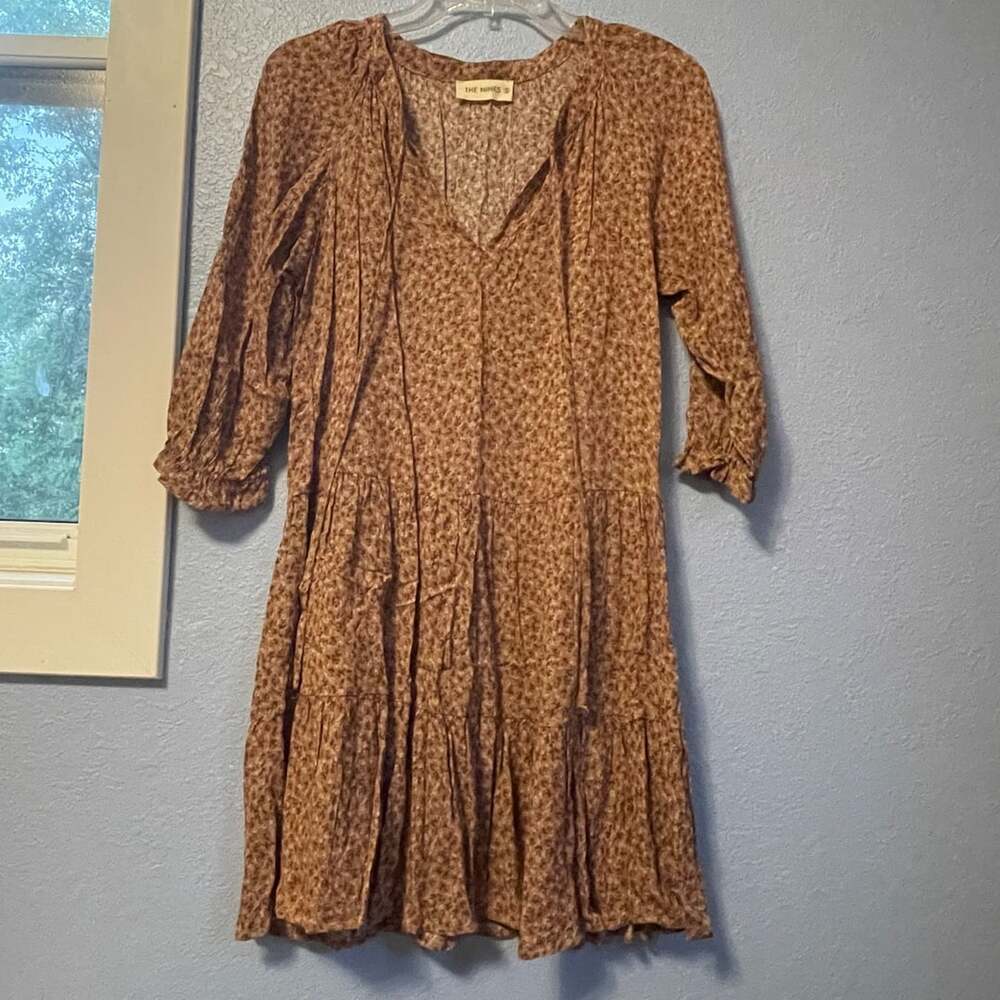 The Nines Boutique S Small 4-6 Brown Mini Floral Peasant Tiered Skater V Neck 3/